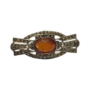 Art Deco Amber Lucite Marcasite Brooch 2" Long